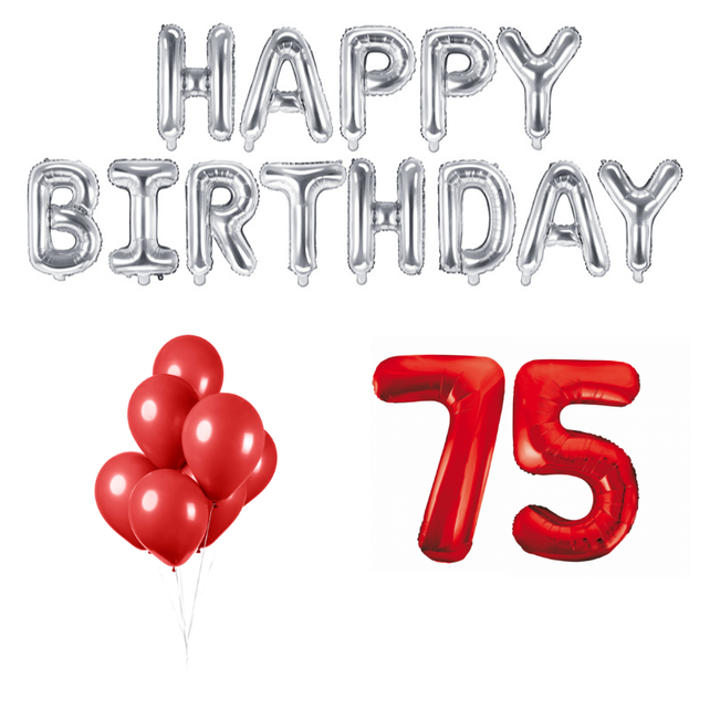 75 jaar Verjaardag Versiering Ballon Pakket rood & zilver
