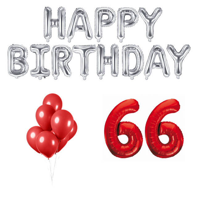 66 jaar Verjaardag Versiering Ballon Pakket rood & zilver