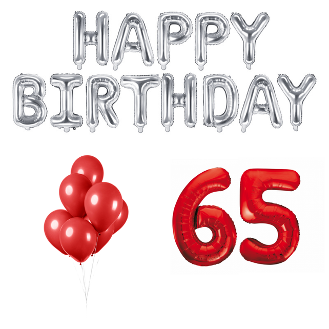 65 jaar Verjaardag Versiering Ballon Pakket rood & zilver