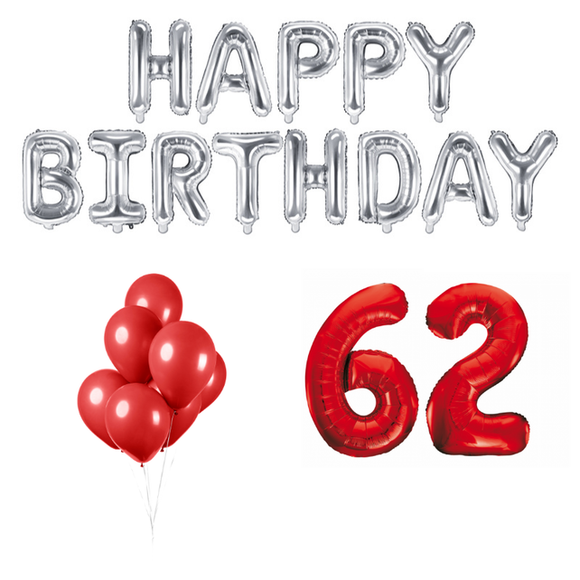 62 jaar Verjaardag Versiering Ballon Pakket rood & zilver