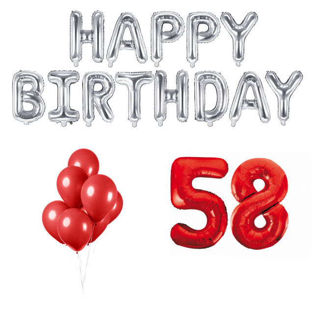 58 jaar Verjaardag Versiering Ballon Pakket rood & zilver