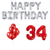 34 jaar Verjaardag Versiering Ballon Pakket rood & zilver