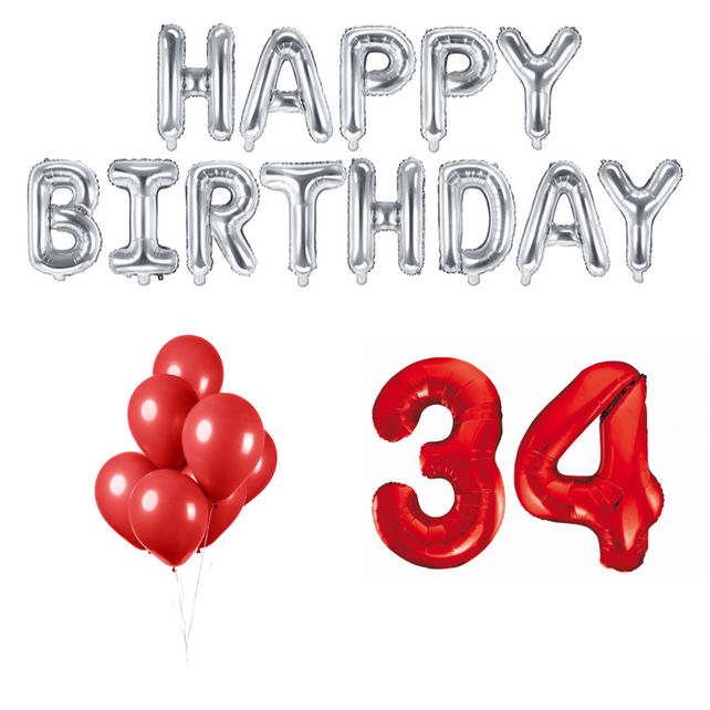 34 jaar Verjaardag Versiering Ballon Pakket rood & zilver
