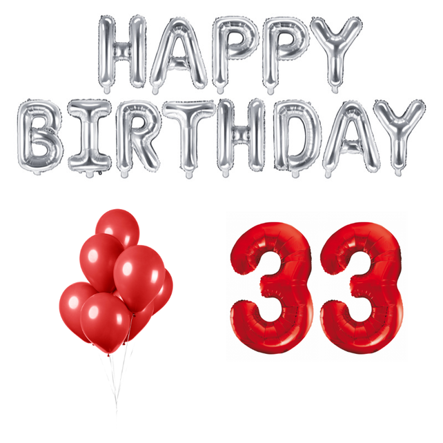 33 jaar Verjaardag Versiering Ballon Pakket rood & zilver