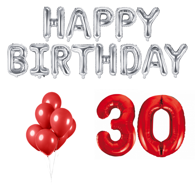30 jaar Verjaardag Versiering Ballon Pakket rood & zilver