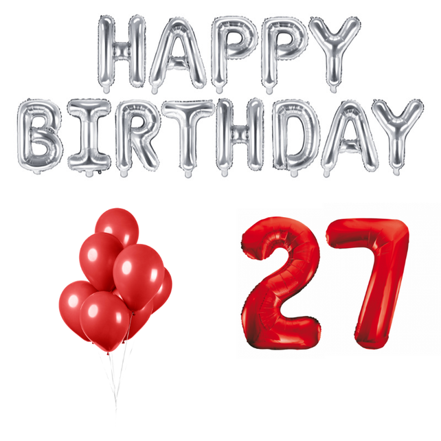 27 jaar Verjaardag Versiering Ballon Pakket rood & zilver