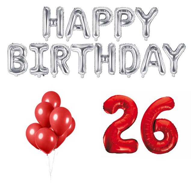 26 jaar Verjaardag Versiering Ballon Pakket rood & zilver