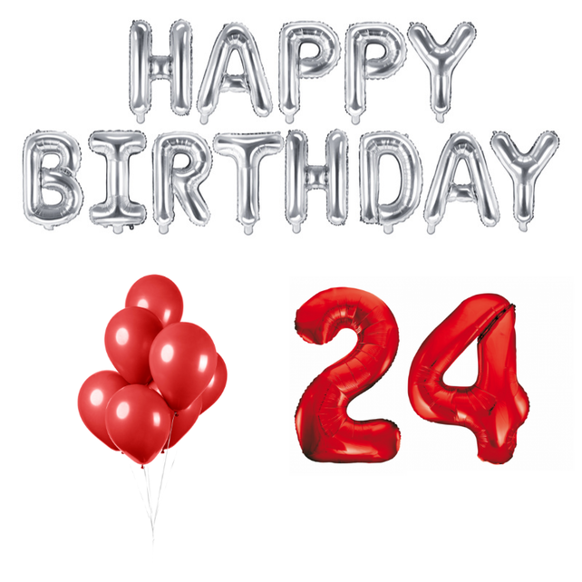 24 jaar Verjaardag Versiering Ballon Pakket rood & zilver