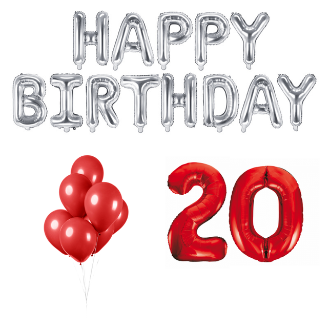 20 jaar Verjaardag Versiering Ballon Pakket rood & zilver