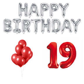 19 jaar Verjaardag Versiering Ballon Pakket rood & zilver