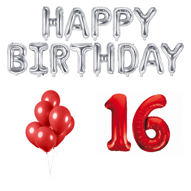 16 jaar Verjaardag Versiering Ballon Pakket rood & zilver