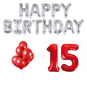 15 jaar Verjaardag Versiering Ballon Pakket rood & zilver