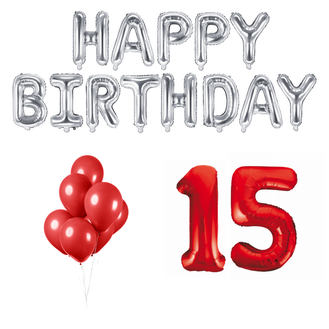 15 jaar Verjaardag Versiering Ballon Pakket rood & zilver
