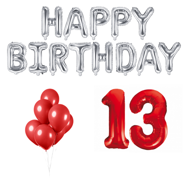 13 jaar Verjaardag Versiering Ballon Pakket rood & zilver