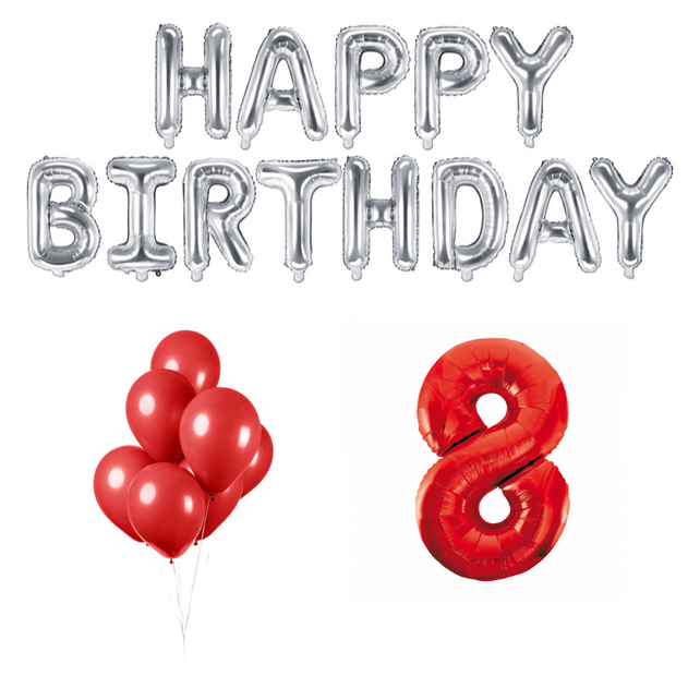 8 jaar Verjaardag Versiering Ballon Pakket rood & zilver