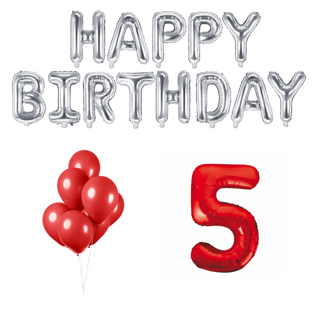 5 jaar Verjaardag Versiering Ballon Pakket rood & zilver