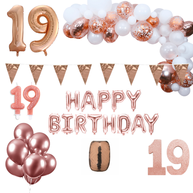 19 jaar Verjaardag Versiering Pakket Rosé goud XL