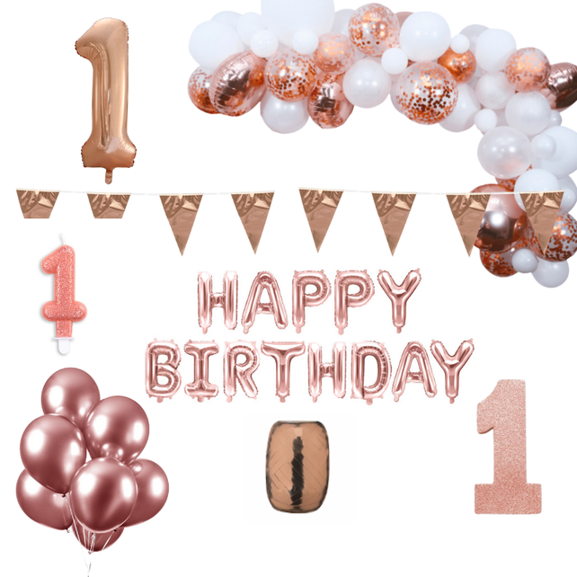 1 jaar Verjaardag Versiering Pakket Rosé goud XL