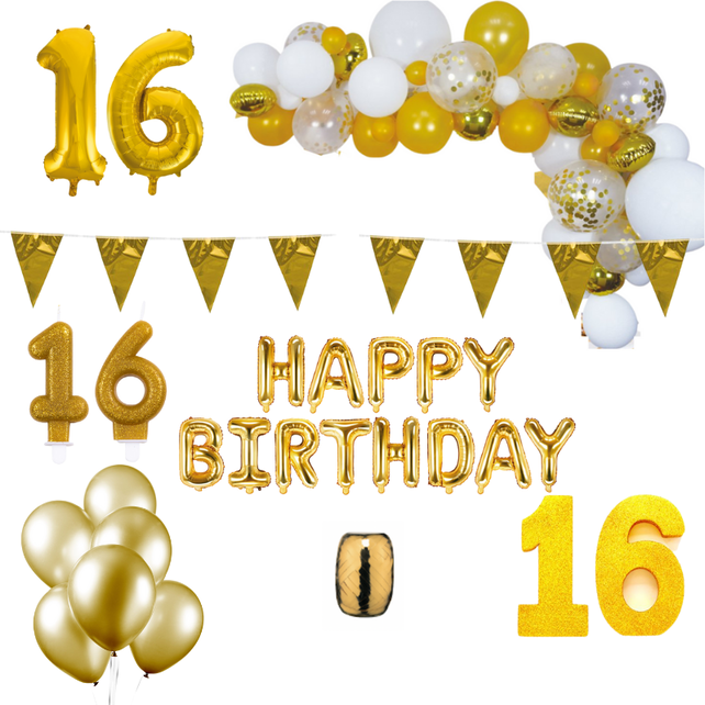 16 jaar Verjaardag Versiering Pakket Goud XL 16 jaar Verjaardag Versiering Pakket Goud XL