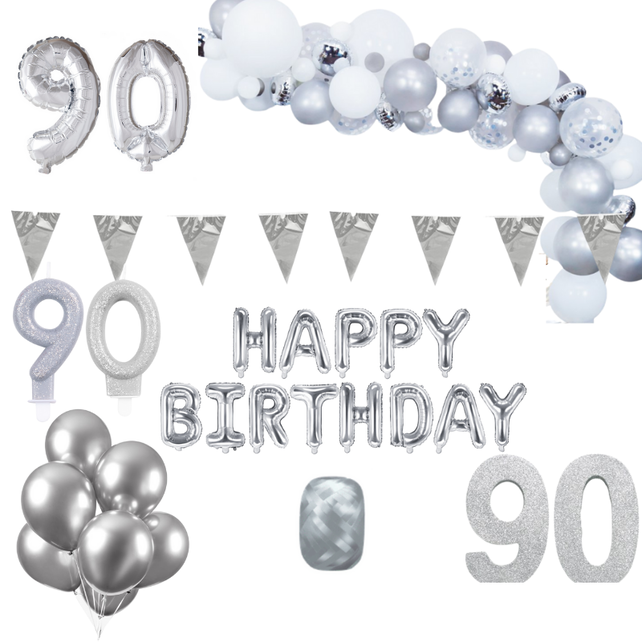 90 jaar Verjaardag Versiering Pakket Zilver XL 90 jaar Verjaardag Versiering Pakket Zilver XL