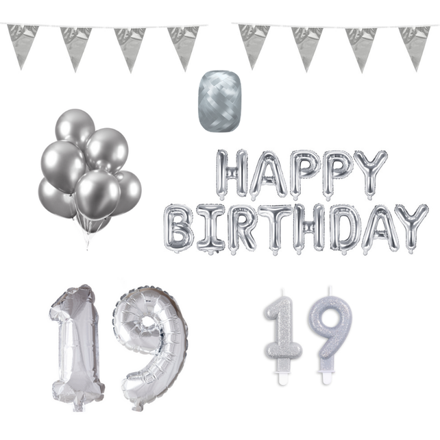 19 jaar Verjaardag Versiering Pakket zilver