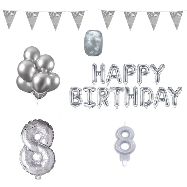 8 jaar Verjaardag Versiering Pakket zilver