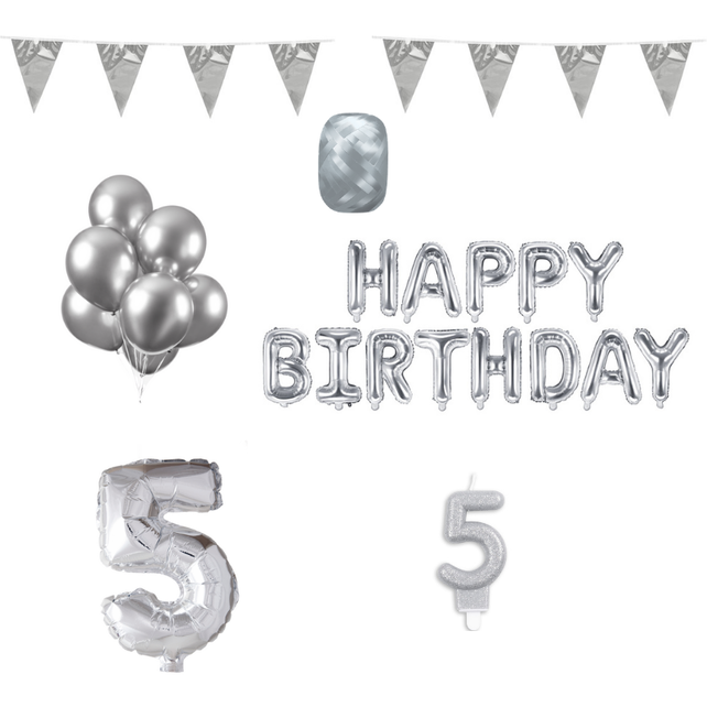 5 jaar Verjaardag Versiering Pakket zilver