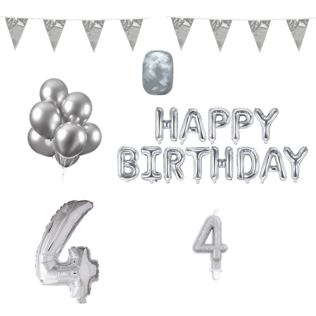 4 jaar Verjaardag Versiering Pakket zilver