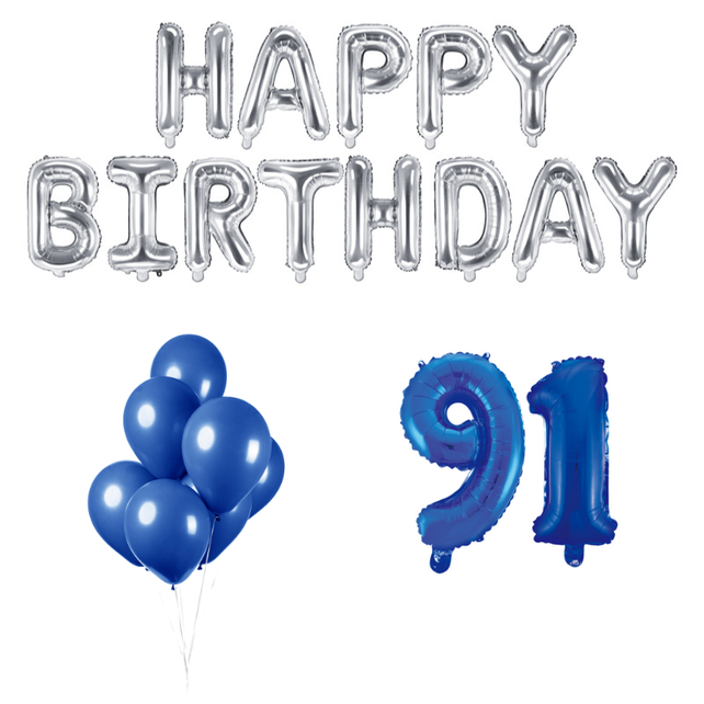 91 jaar Verjaardag Versiering Ballon Pakket Blauw & zilver