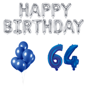 64 jaar Verjaardag Versiering Ballon Pakket Blauw & zilver