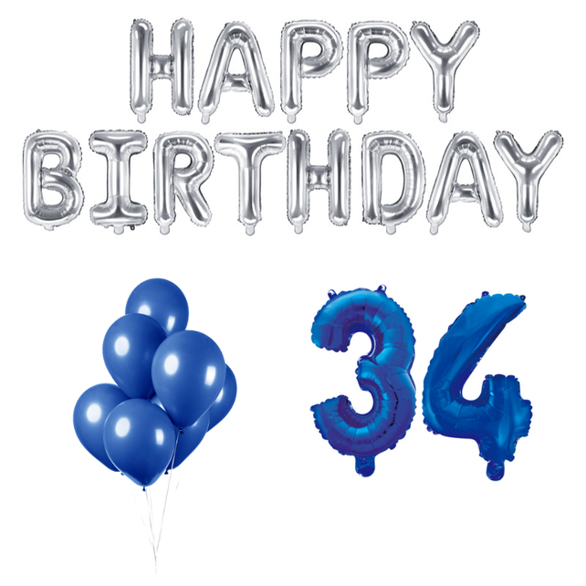 34 jaar Verjaardag Versiering Ballon Pakket Blauw & zilver