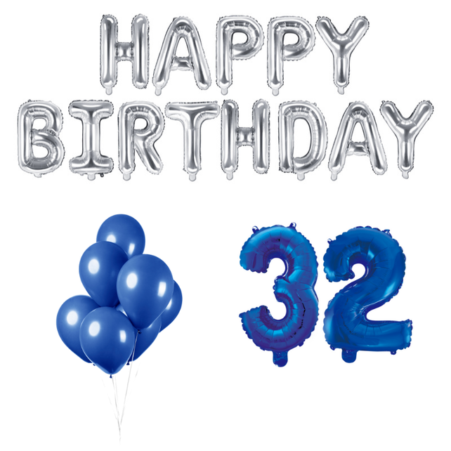 32 jaar Verjaardag Versiering Ballon Pakket Blauw & zilver 32 jaar Verjaardag Versiering Ballon Pakket Blauw & zilver