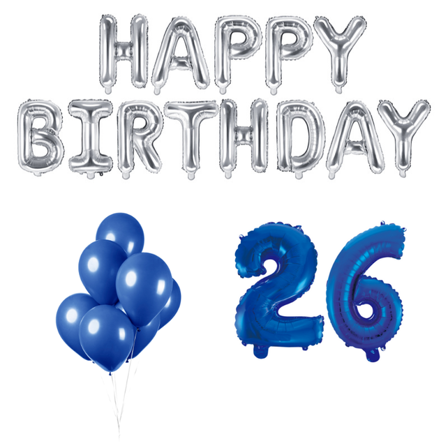 26 jaar Verjaardag Versiering Ballon Pakket Blauw & zilver