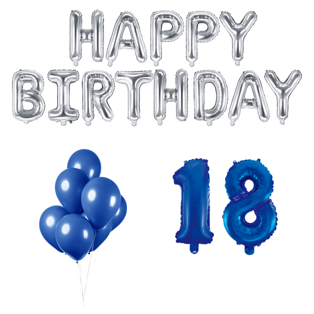 18 jaar Verjaardag Versiering Ballon Pakket Blauw & zilver 18 jaar Verjaardag Versiering Ballon Pakket Blauw & zilver