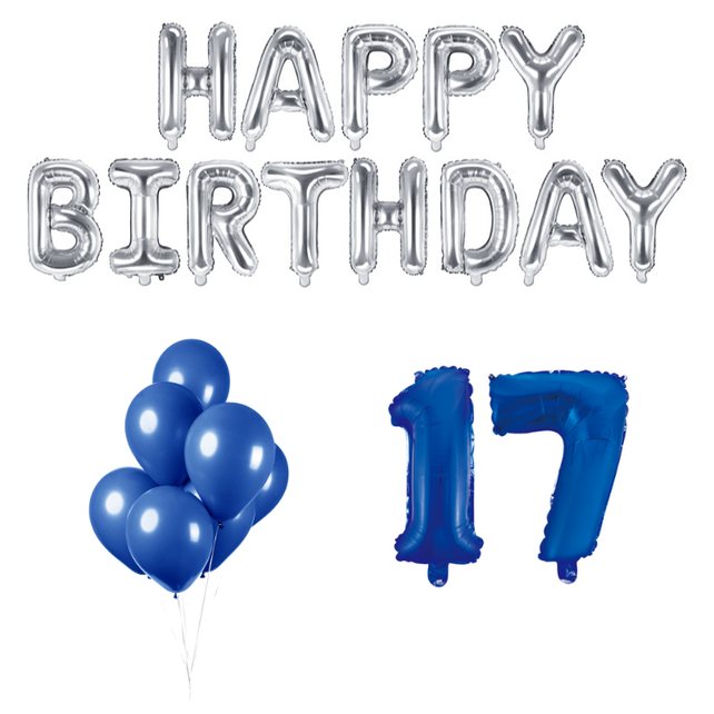 17 jaar Verjaardag Versiering Ballon Pakket Blauw & zilver