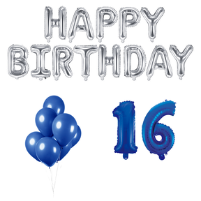 16 jaar Verjaardag Versiering Ballon Pakket Blauw & zilver