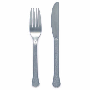 Plastic bestek zilver mes en vork 24 stuks