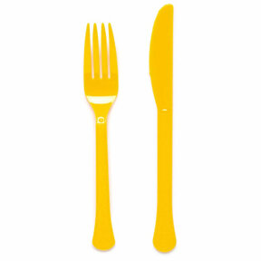 Plastic bestek geel mes en vork 24 stuks