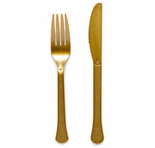 Plastic bestek goud mes en vork 24 stuks