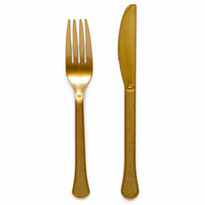 Plastic bestek goud mes en vork 24 stuks