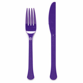 Plastic bestek paars mes en vork 24 stuks