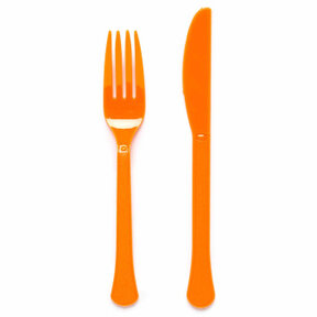 Plastic bestek oranje mes en vork 24 stuks