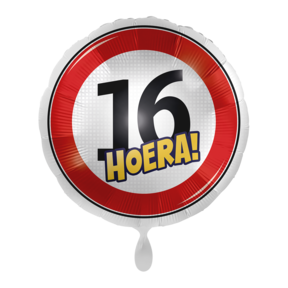 Verkeersbord Folieballon Hoera 16 jaar 43cm