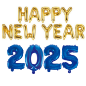 Folieballoncijfers blauw 2025 en Happy New Year letters goud 41cm incl. gratis 6 ballonnen