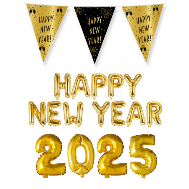 Folieballonnen 2025 66cm & Happy New Year met vlaggenlijn en 6 ballonnen