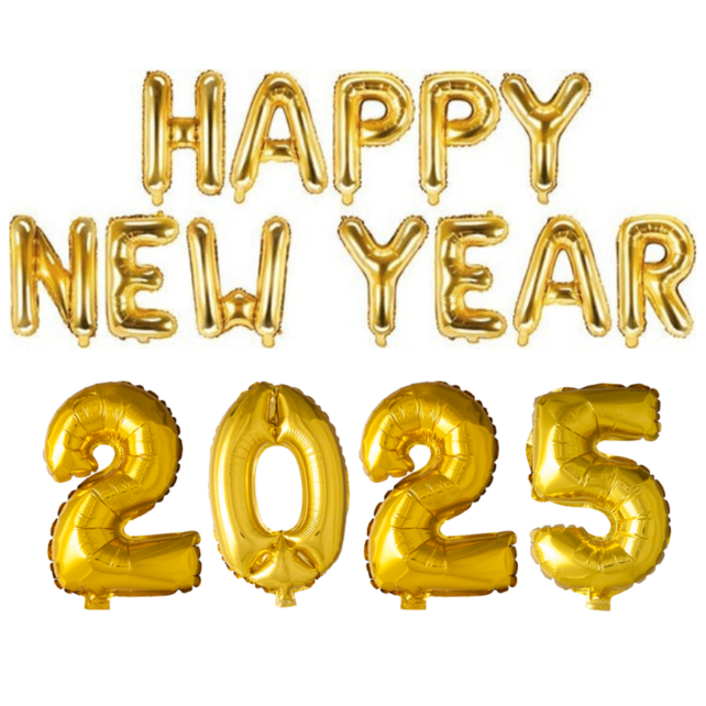 folieballonnen 2025 66cm & Happy New Year goud met 6 gratis ballonnen