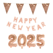 Folieballoncijfers roségoud 2025 & Happy New Year letters 41cm met vlaggenlijn roségoud incl. gratis 6 ballonnen