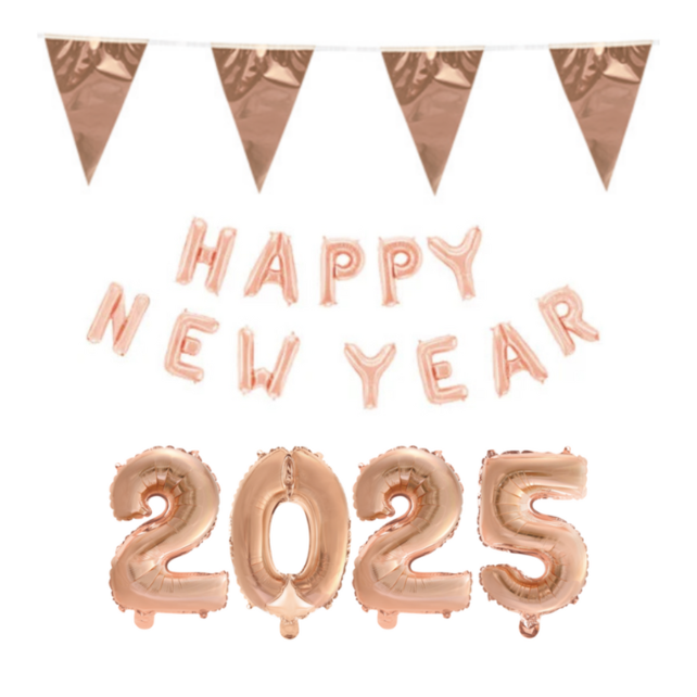 Folieballoncijfers roségoud 2025 & Happy New Year letters 41cm met vlaggenlijn roségoud incl. gratis 6 ballonnen