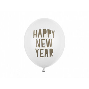 Happy New Year Ballon wit/zilver, 6 stuks, 30cm