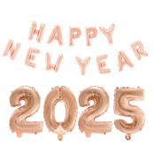 folieballoncijfers roségoud 2025 en Happy New Year letters 350x41 cm incl. gratis 6 ballonnen